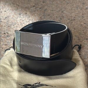 Burberry Black Leather Belt with Silver Buckle